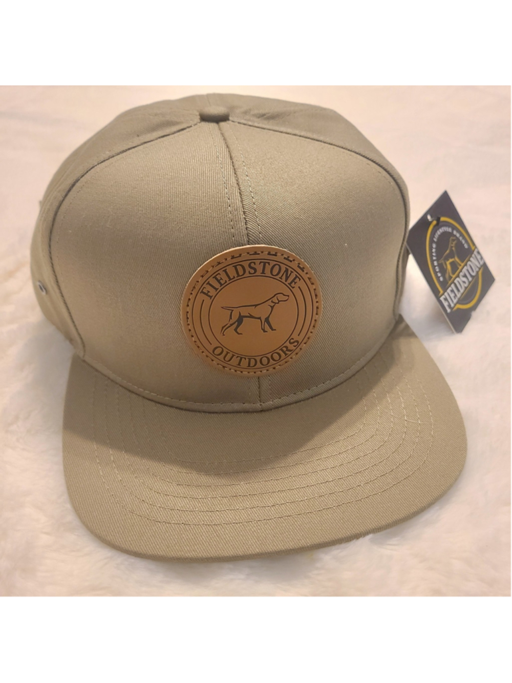 NEW Fieldstone Outdoors khaki snapback hat Circle Leather Hunting Dog Patch Tan